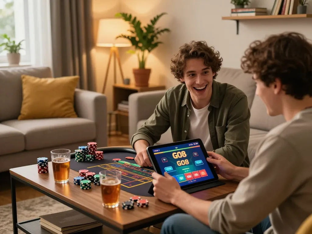 Engage with GO8 gaming app on tablet in cozy home setting for an immersive online gambling experience.