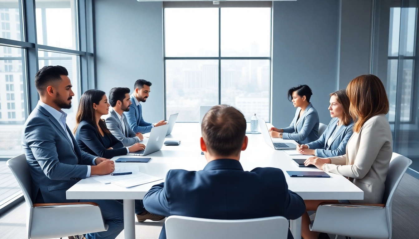 Engaged professionals discussing Federal and State contracts in a modern conference room setting.