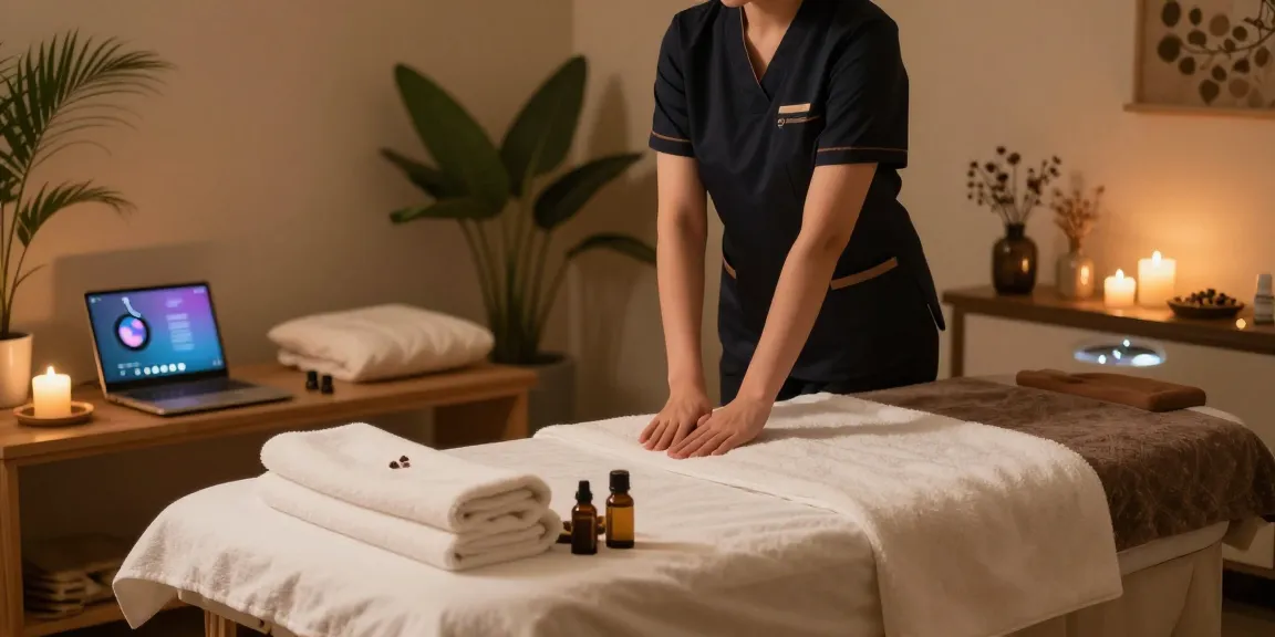 Relaxing home spa environment for 출장마사지 with therapist preparing soothing atmosphere.