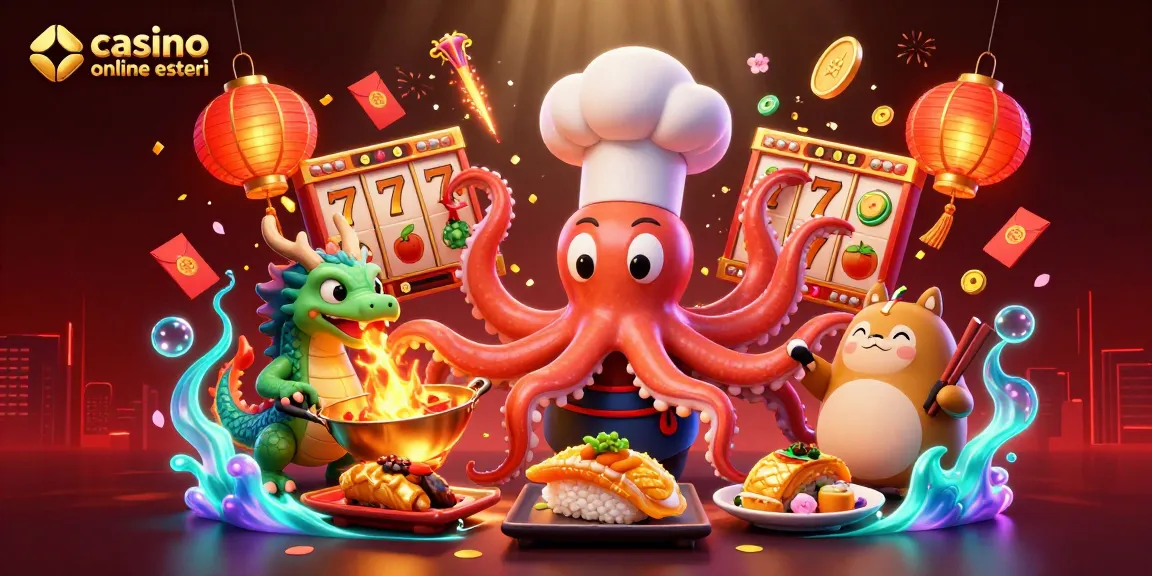 Scopri i migliori casinò online esteri con un divertente chef polpo e un drago, avvolti da simboli di successo.