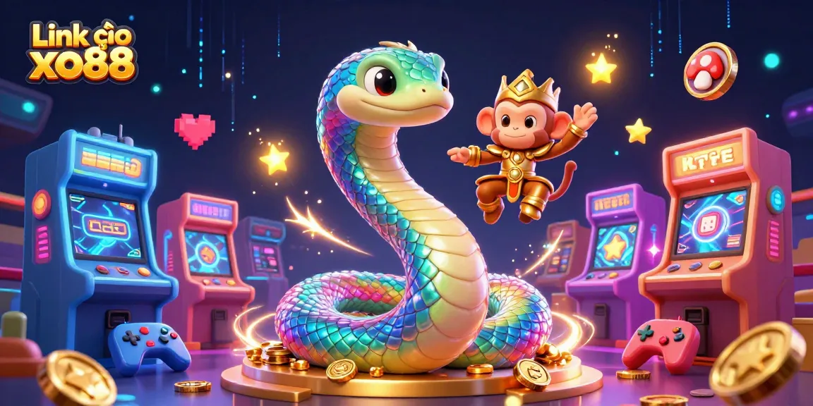 Link vào xo88 showcases a vibrant 3D casino scene with a rainbow serpent and a monkey king.