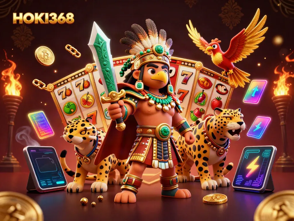 Spin the reels with HOKI368's vibrant Aztec-themed slot illustration, experiencing endless excitement.