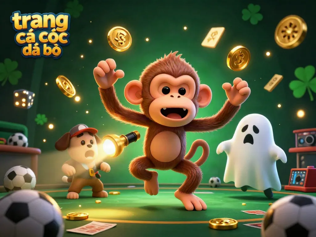 Trang cá cược đá bóng trong hình ảnh hoạt hình 3D, chú khỉ tinh quái và chú chó săn ma.