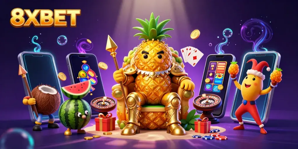 Experience the vibrant world of 8XBET with a golden pineapple king and gaming elements.