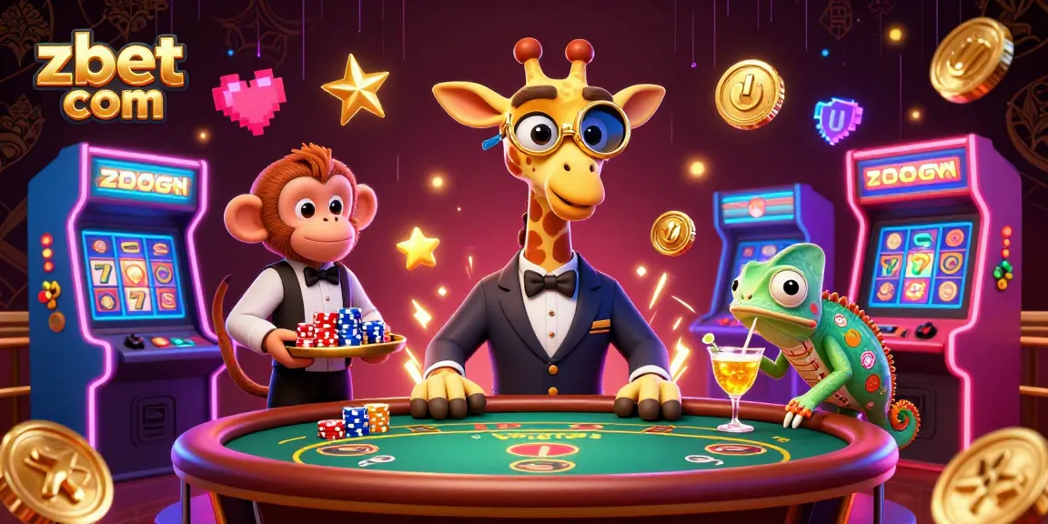 Experience excitement with zbet com in this vibrant casino illustration featuring a high-roller giraffe and game elements.