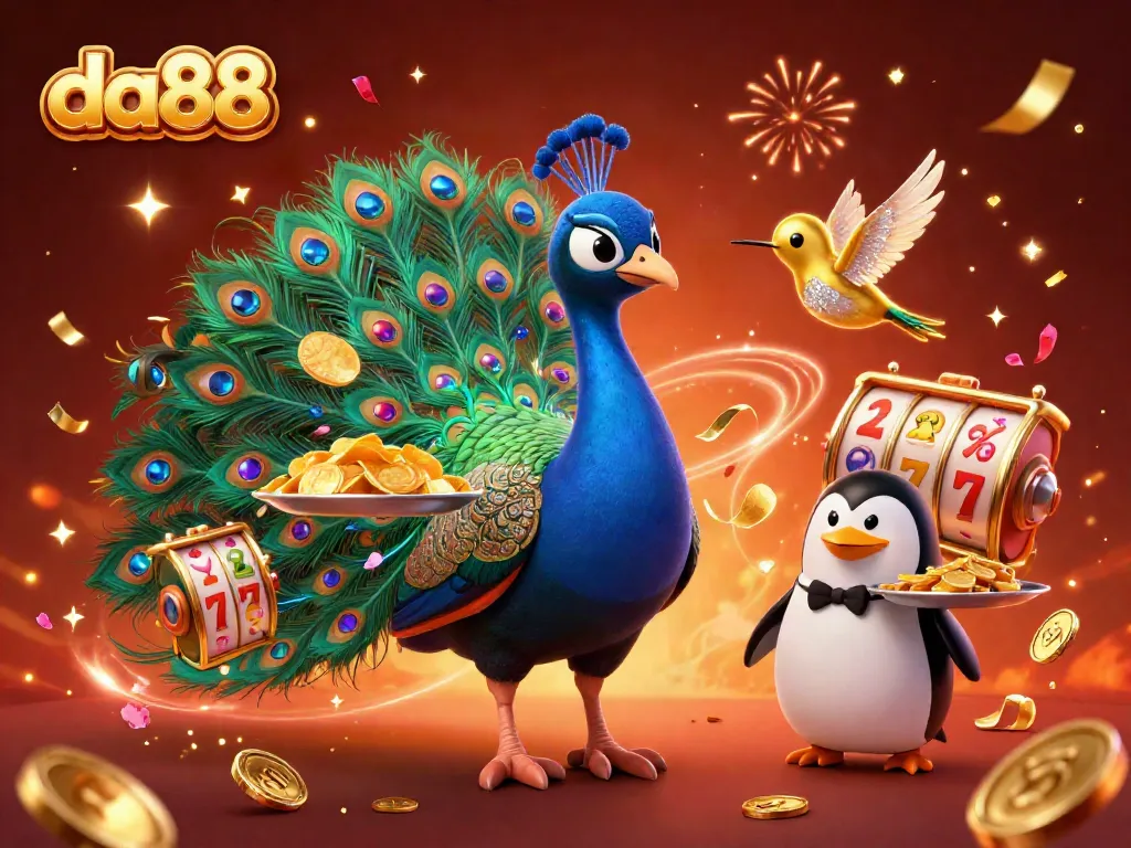 Experience DA88's vibrant gaming world in this colorful casino illustration featuring a peacock and treasures.