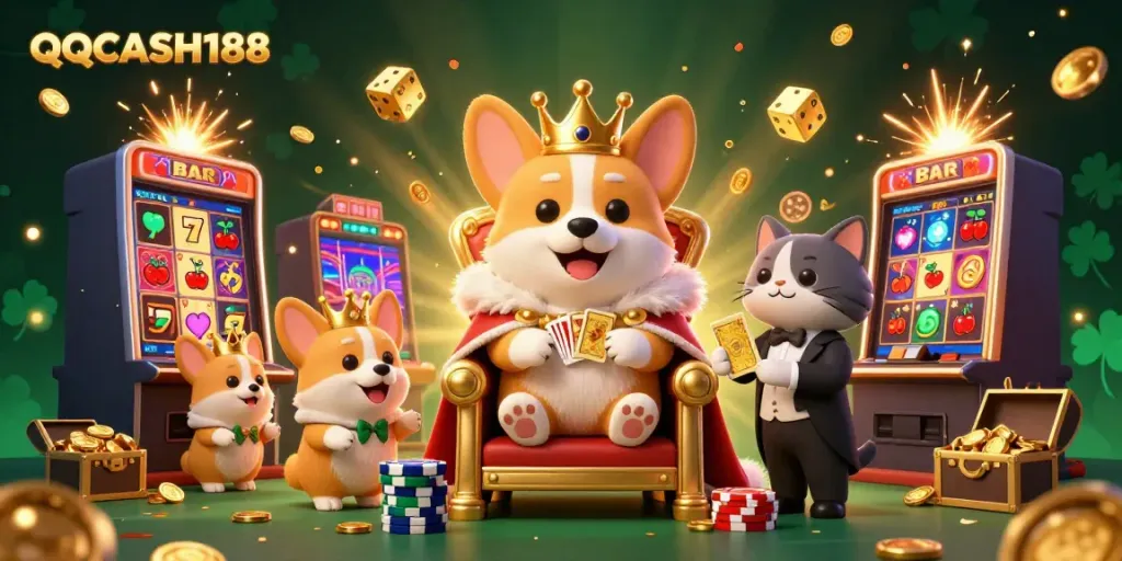 Engage with QQCASH188's vibrant casino gaming scene featuring royal characters and lavish rewards.