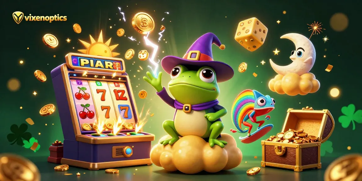 Win big at vixenoptics with a vibrant 3D casino scene bursting with colorful slot elements and magical characters.
