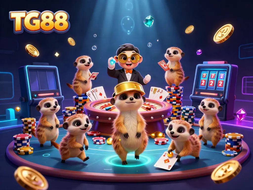 Experience TG88's animated meerkat casino world, filled with dazzling coins and vibrant game action.