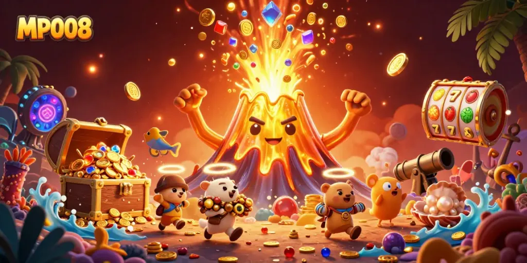 MPO08 volcano erupts with coins and treasures in a vibrant casino-themed illustration