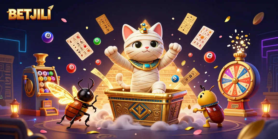 Experience BETJILI's thrilling 3D casino scene with an Egyptian mummy cat and vibrant lottery elements.
