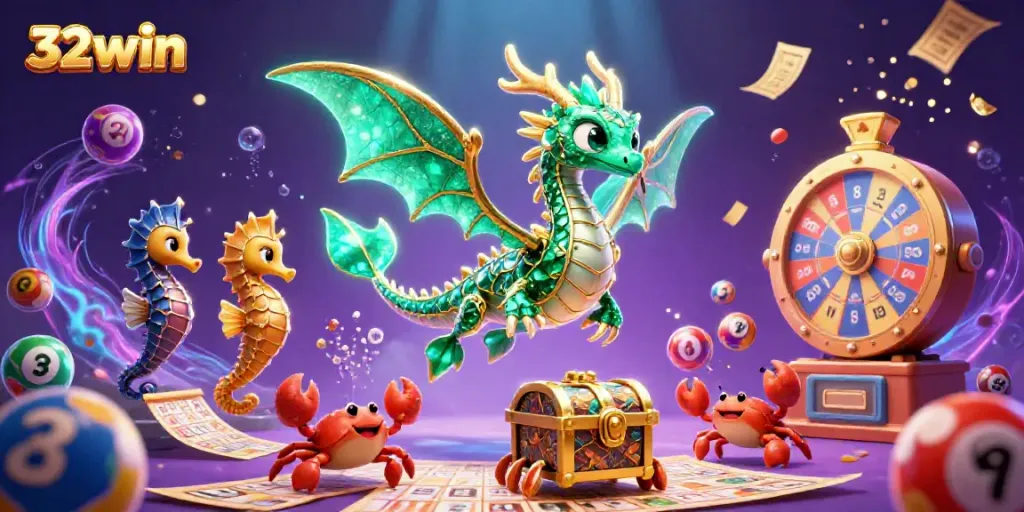 Engaging 3D scene featuring the vibrant and colorful world of 32win with dynamic game elements.