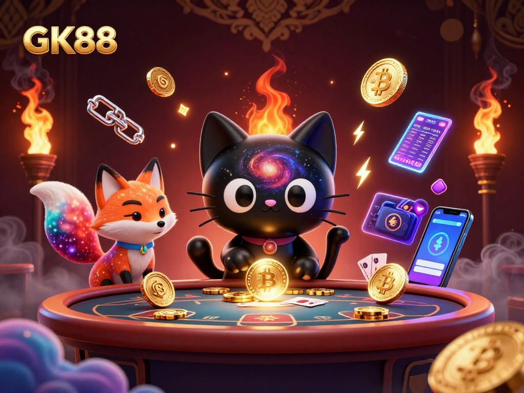 Win at GK88 with strategies in a vibrant cosmic casino scene filled with golden chips and glowing coins