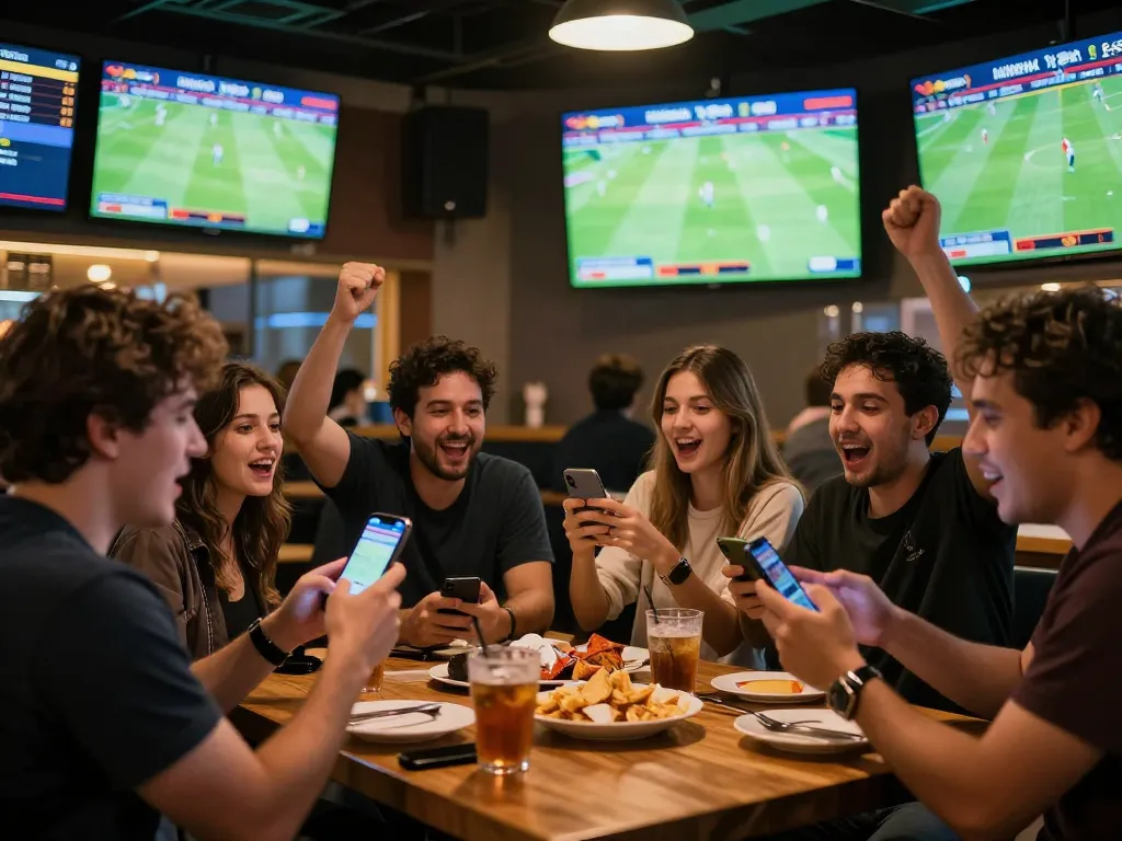SOCOLIVE fans engaging in live betting during a football match at a vibrant sports bar.