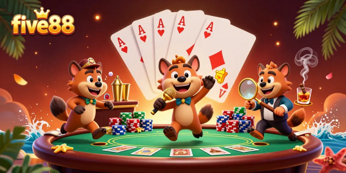 Experience five88's lively comedy casino club with hyenas, poker, and vibrant games