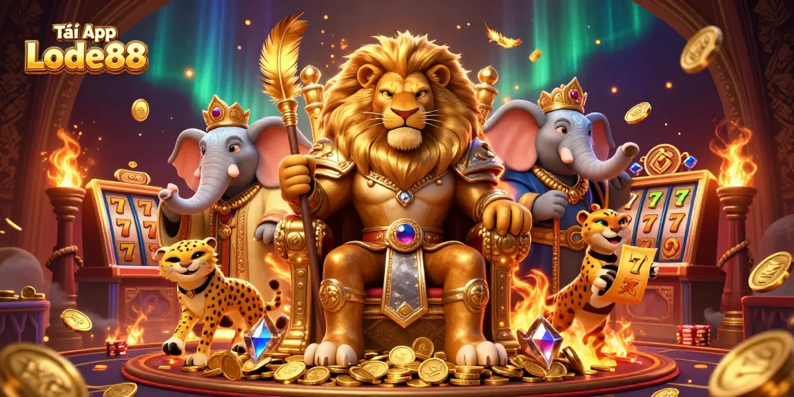 Tải App Lode88 vibrantly showcases a royal lion king, wise elephant, and swift cheetah amidst an exciting casino scene.