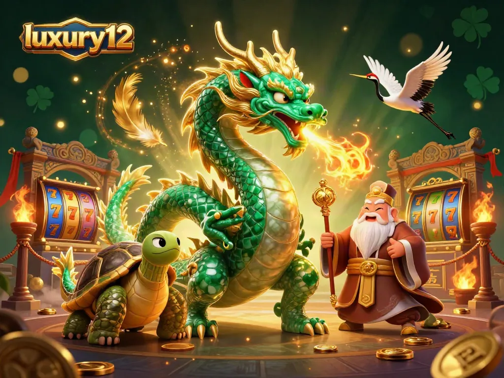 Experience luxury12 gaming with a majestic dragon and lucky symbols amidst thrilling casino elements.
