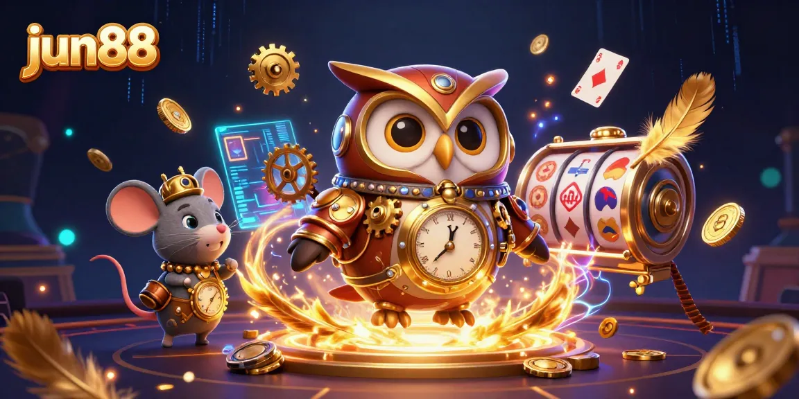 Experience the thrilling world of jun88 with a vibrant illustration of a steampunk owl and mouse amidst casino excitement.