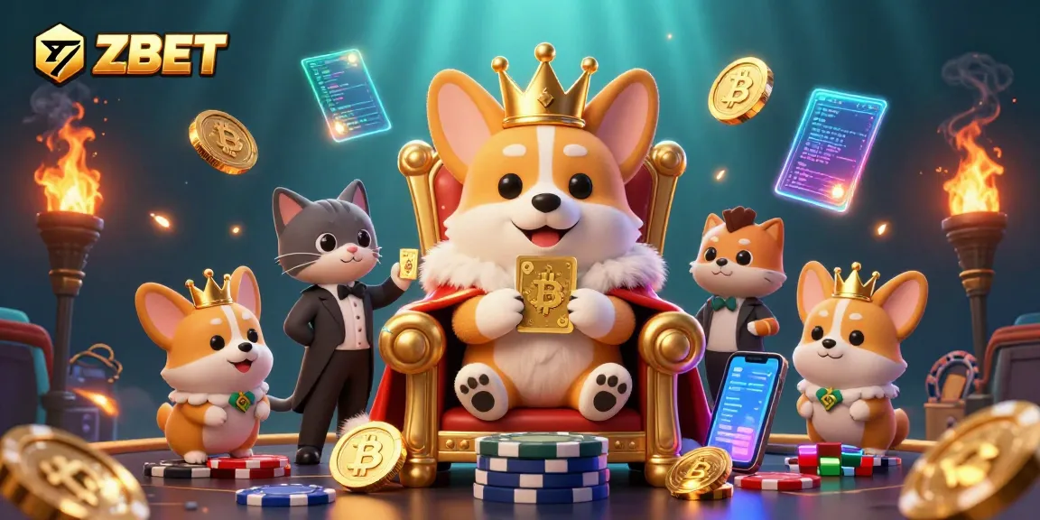 ZBET showcases a royal corgi on a poker chip throne as crypto elements illuminate the scene.