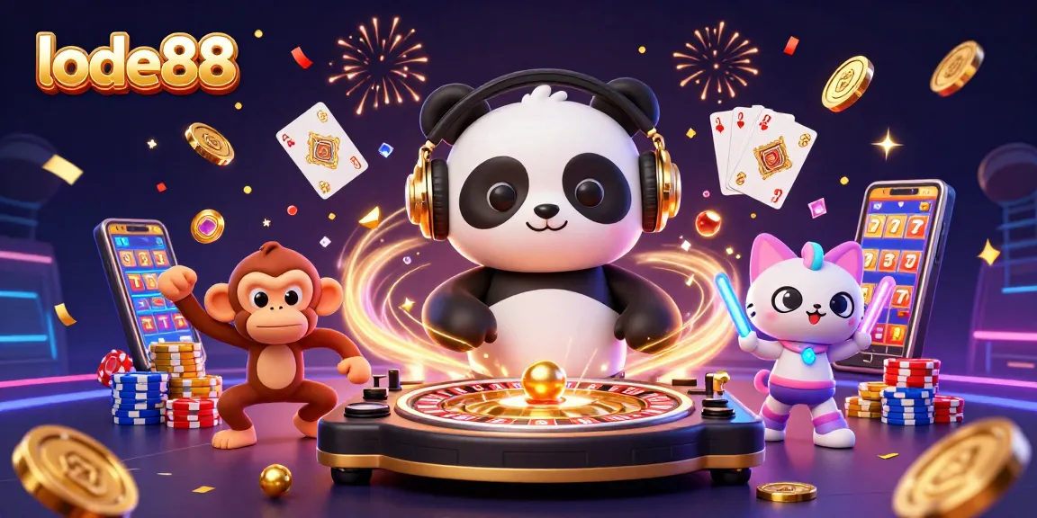 Engage with lode88's vibrant casino scene featuring a DJ panda and dynamic gambling elements.