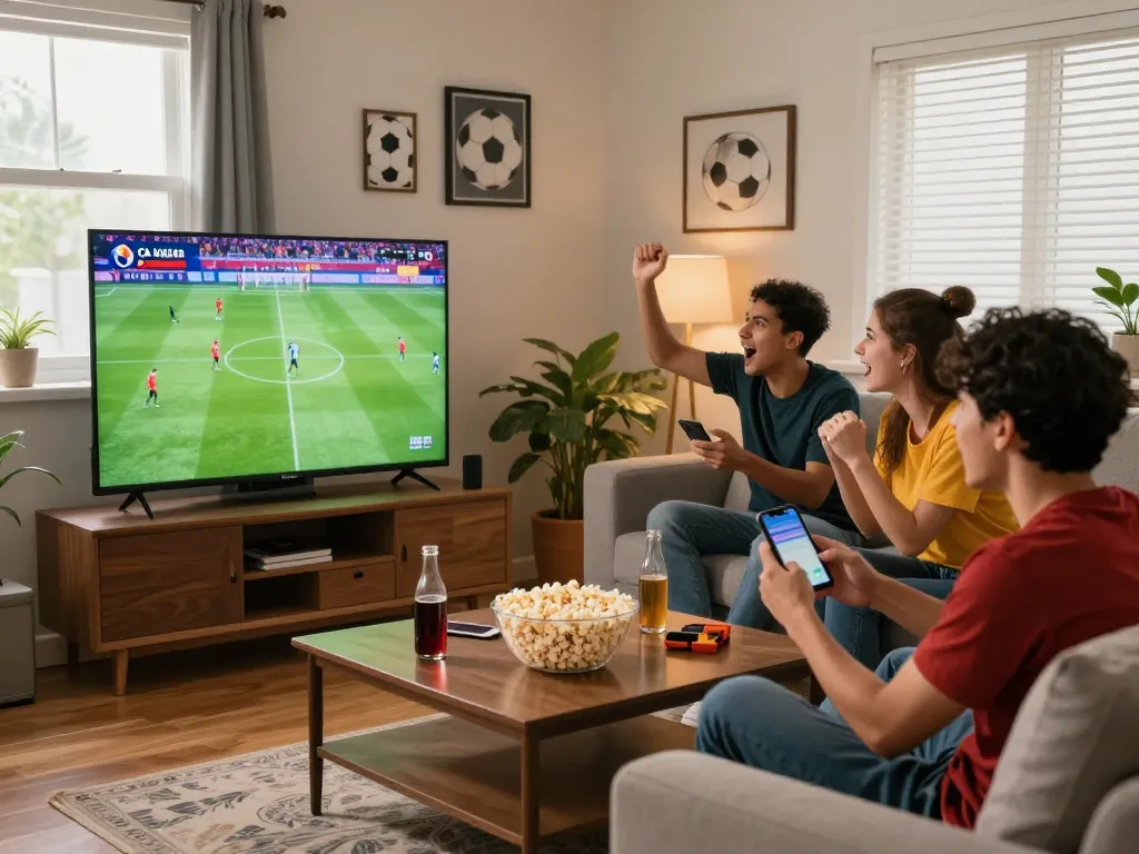 Cà Khịa TV soccer match viewing party with friends enjoying the game in a lively living room atmosphere.
