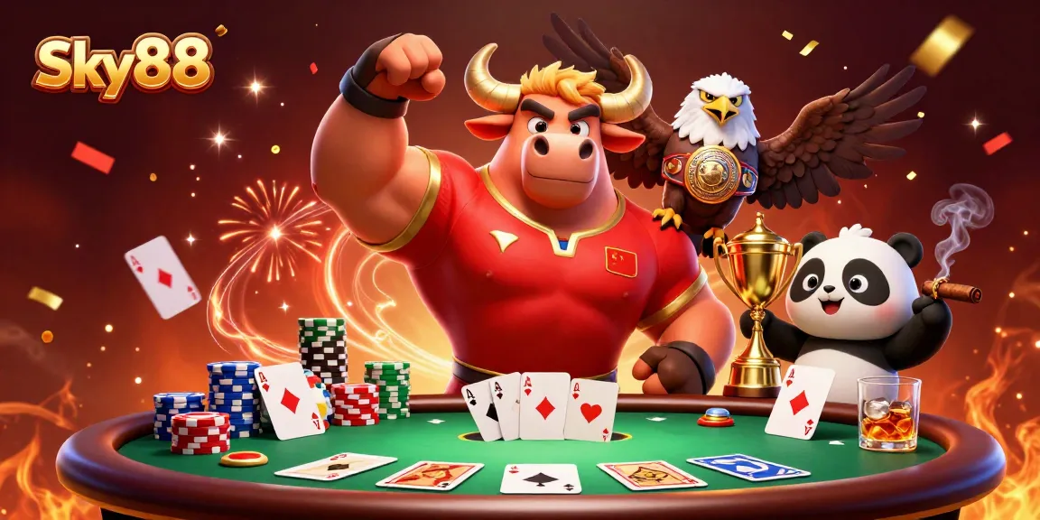 Sky88 celebrates success with a muscular bull, eagle, and panda showcasing poker wins.