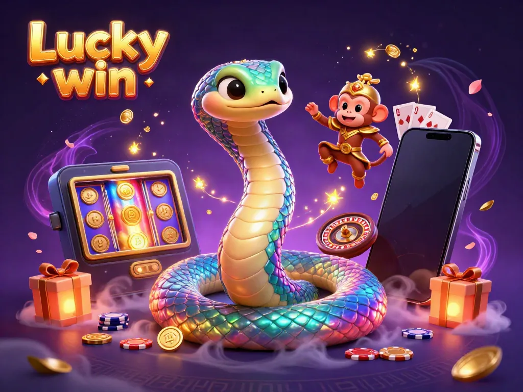 Experience the thrilling atmosphere of Lucky win with dynamic gaming elements, featuring a rainbow serpent and monkey king.