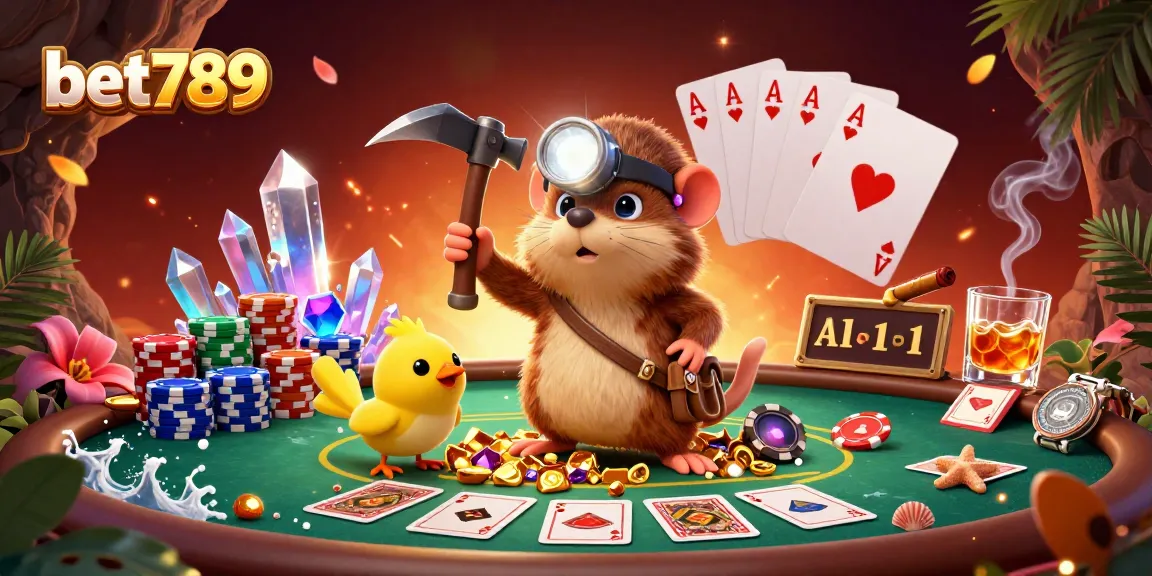 Engage with bet789's thrilling poker scene featuring a treasure hunter and glowing gems in 3D.