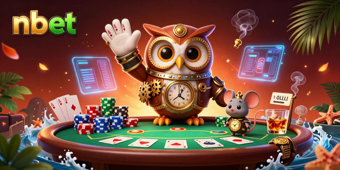 nbet showcases a vibrant 3D casino scene featuring a time-traveler owl and dynamic poker elements.