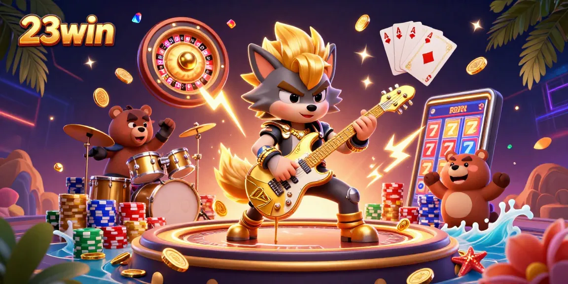Experience the excitement of 23win with a vibrant casino scene featuring animated characters and rich gambling elements.