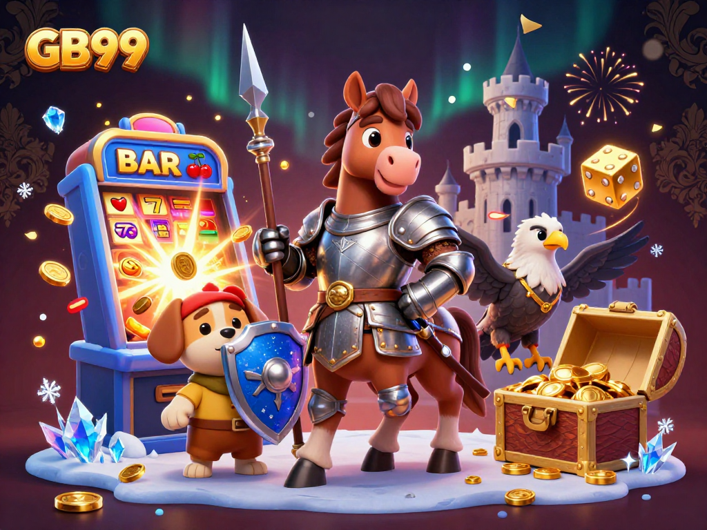 Engage with GB99's vibrant gaming universe, highlighted by medieval characters and exciting casino elements.