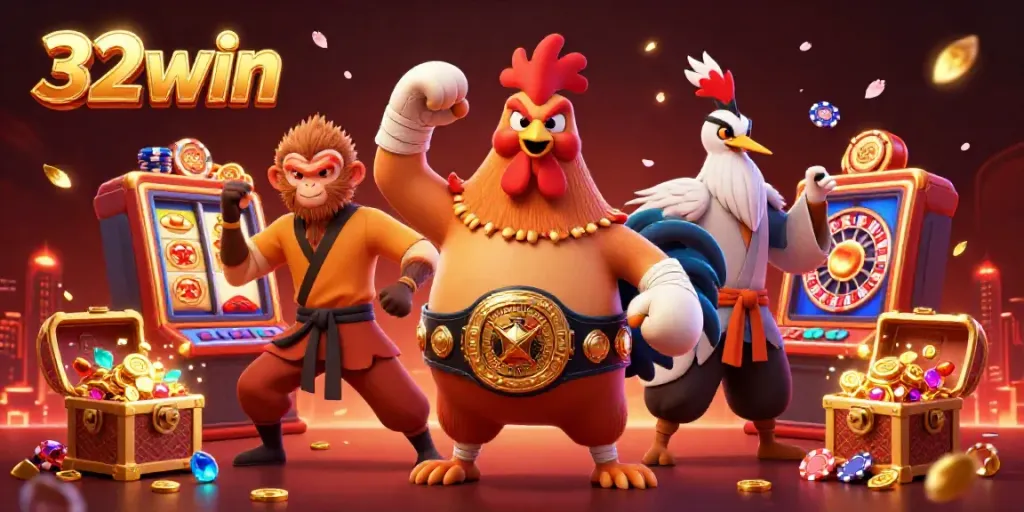 Engage with 32win's dynamic casino scene featuring a Muay Thai rooster, Shaolin monkey, and crane master amidst slot reels and bursting jackpot elements.