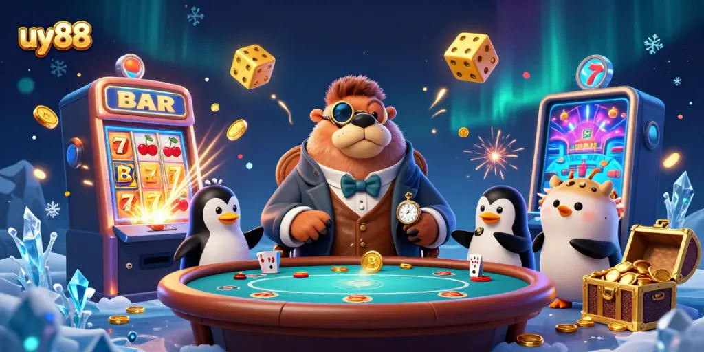 Experience thrilling gameplay at uy88 with a jolly walrus, sophisticated penguin dealer, and a pufferfish bluffing at an underwater poker table.