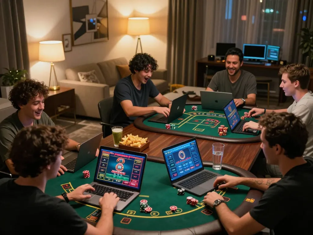 VA88 players engaging in online casino gaming on laptops in cozy home setting