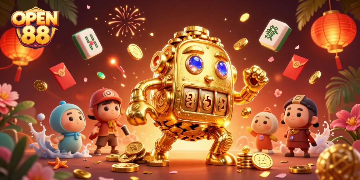 Engage in thrilling action at OPEN 88 with vibrant casino elements surrounding a golden golem.