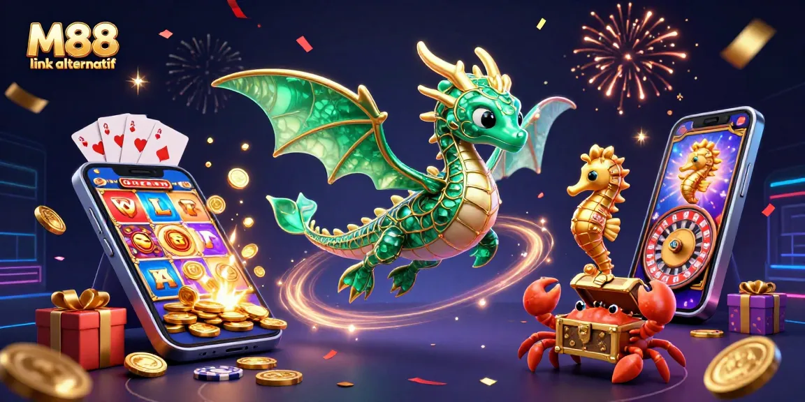 Engage with M88 link alternatif, a vibrant casino-themed digital illustration showcasing immersive gaming elements.