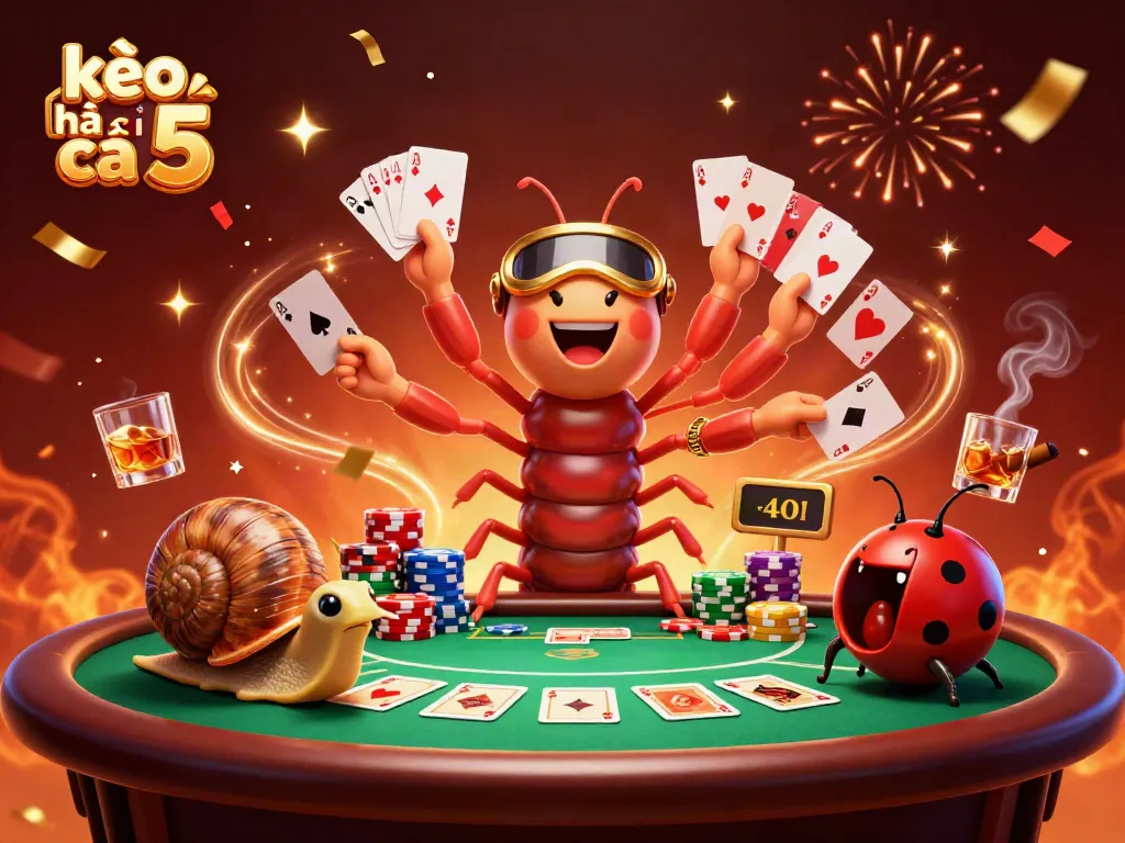 Experience the excitement of kèo nhà cái 5 with a playful millipede dealer and vibrant gaming elements.