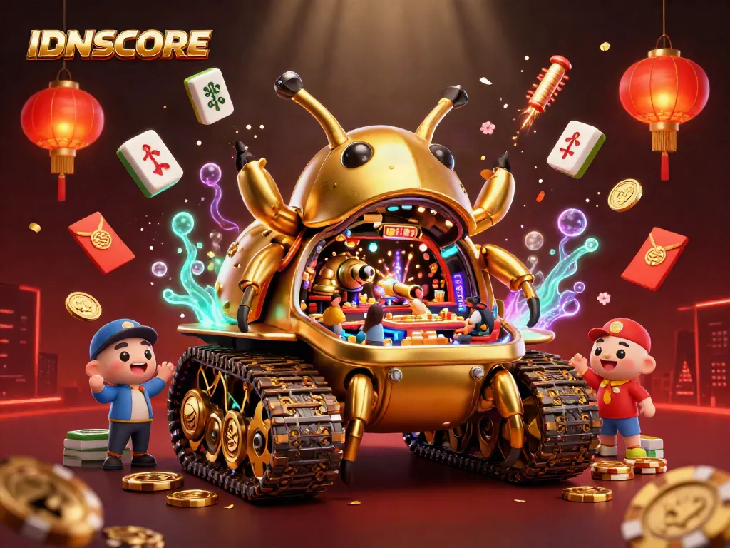 IDNSCORE features a dynamic 3D adventure with a golden beetle tank casino, glowing elements, and festive décor.
