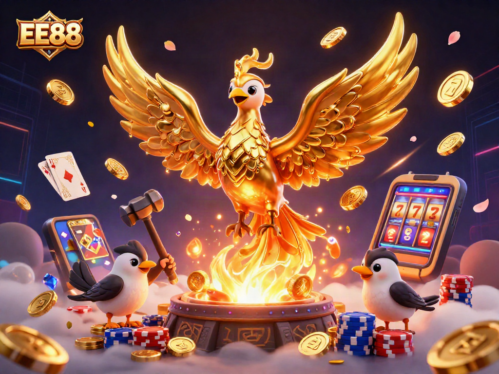 Engage in thrilling gameplay with EE88's vibrant casino scene featuring golden phoenix and dynamic gaming elements.
