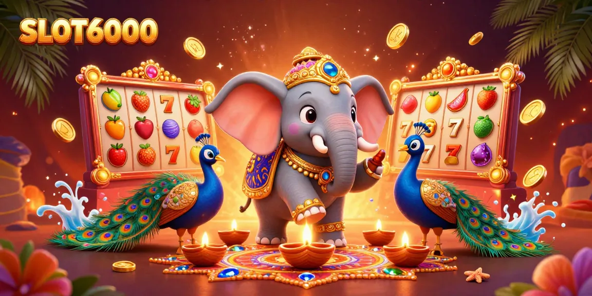 Spark the excitement with SLOT6000, featuring a Diwali-themed elephant, vibrant slot reels, and dynamic casino elements.