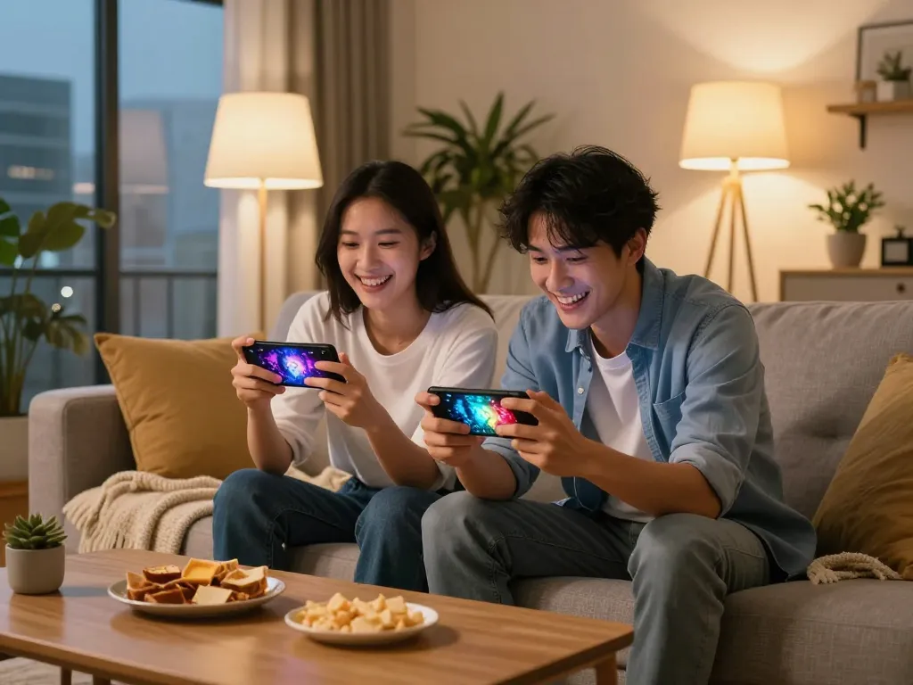 Engaging couple enjoying a mobile porn game on their smartphones in a cozy living room.