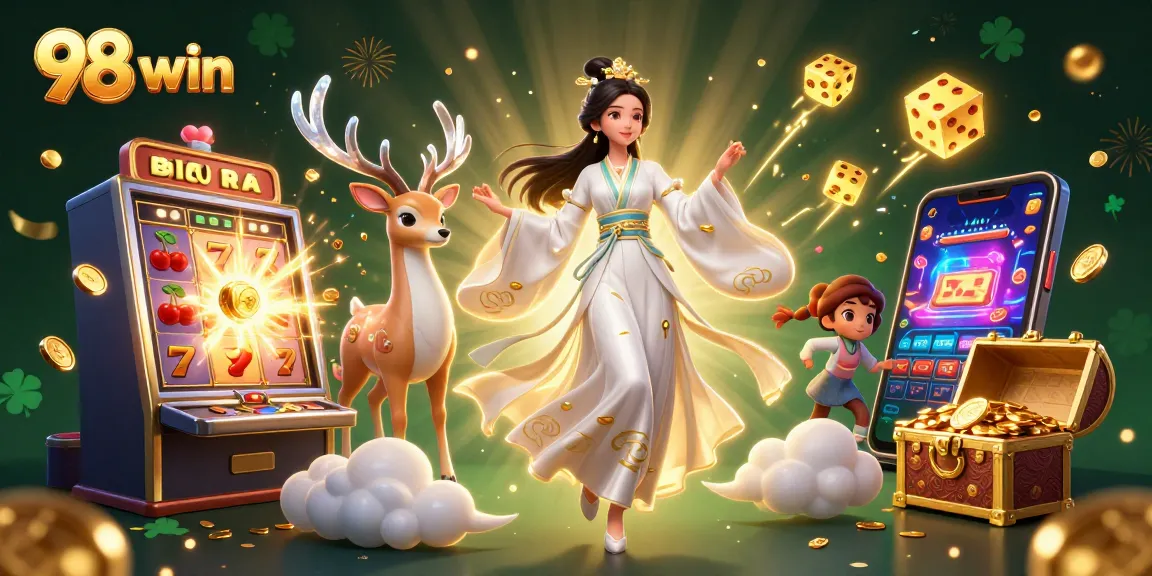 Experience thrilling wins at 98 win with this vibrant casino illustration showcasing exciting slot games and dynamic elements.