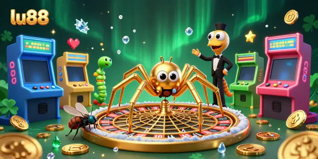 Experience the excitement of lu88 with a roulette wheel made of golden webs and vibrant gaming elements.