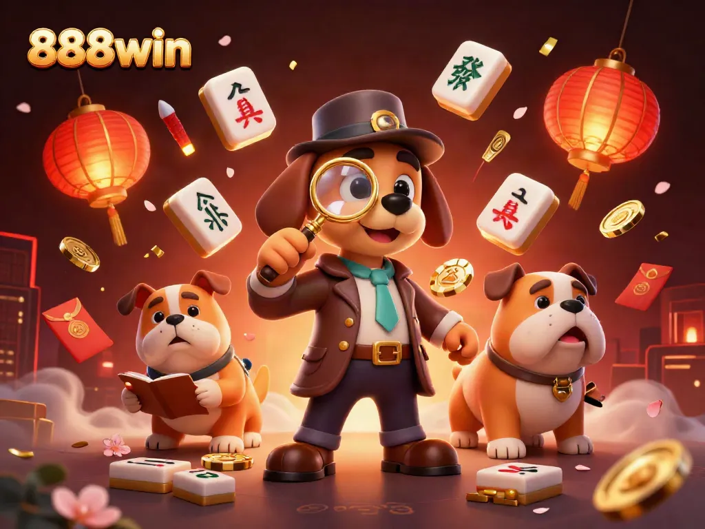 Engage in thrilling games at 888win with cartoon characters exploring poker clues and vibrant casino elements.