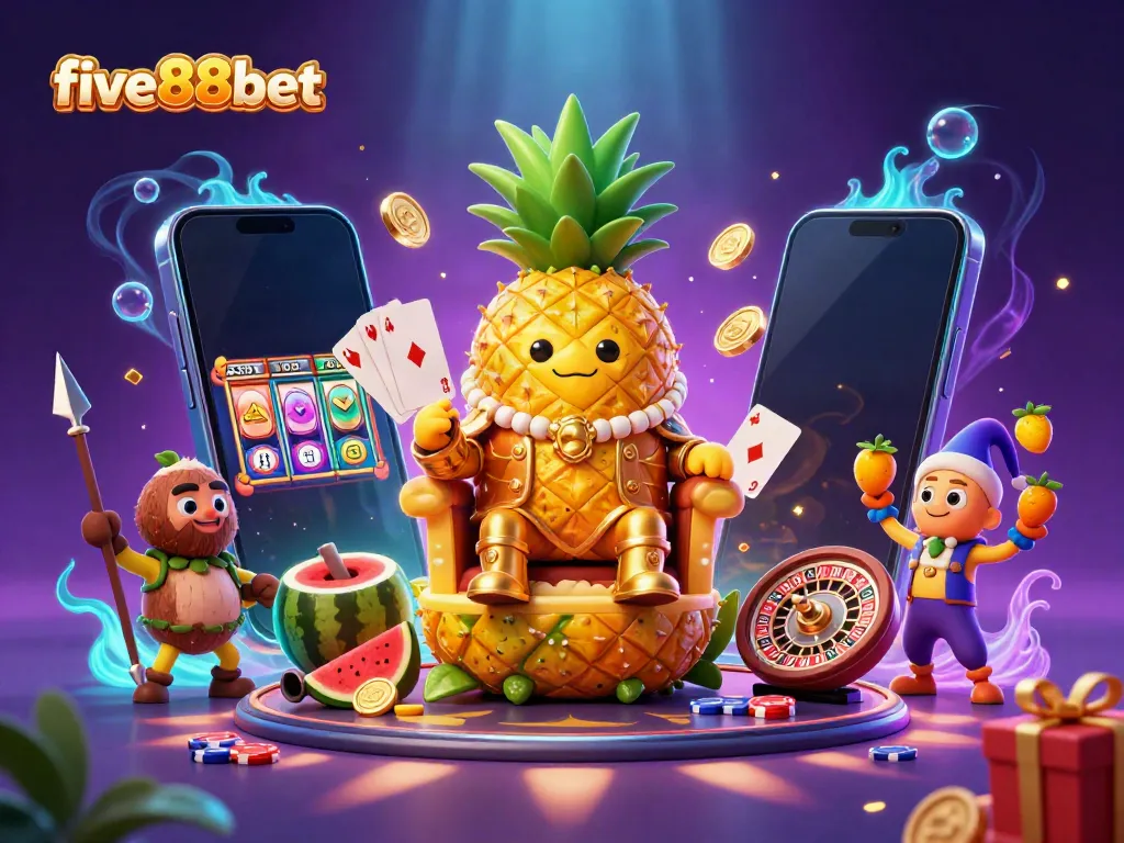 Experience exciting moments at five88bet, featuring a golden pineapple king and dynamic casino elements.