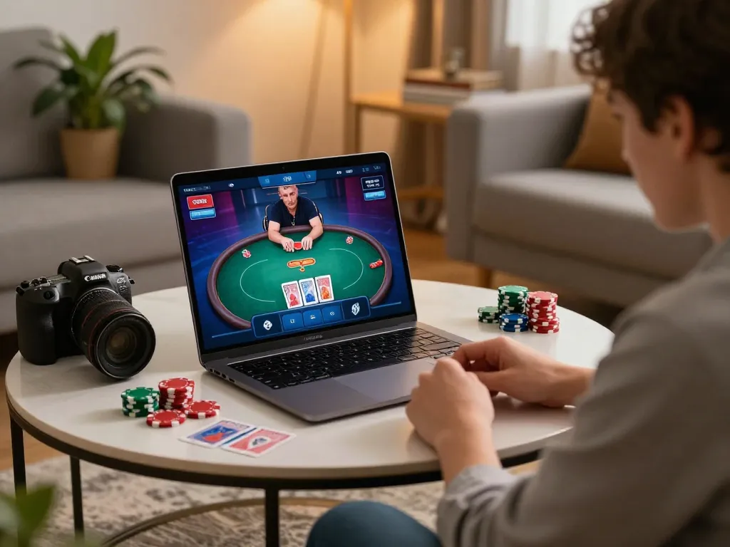 Player engaging with rokok88 online poker game on laptop, showcasing colorful chips and cards in a cozy room.