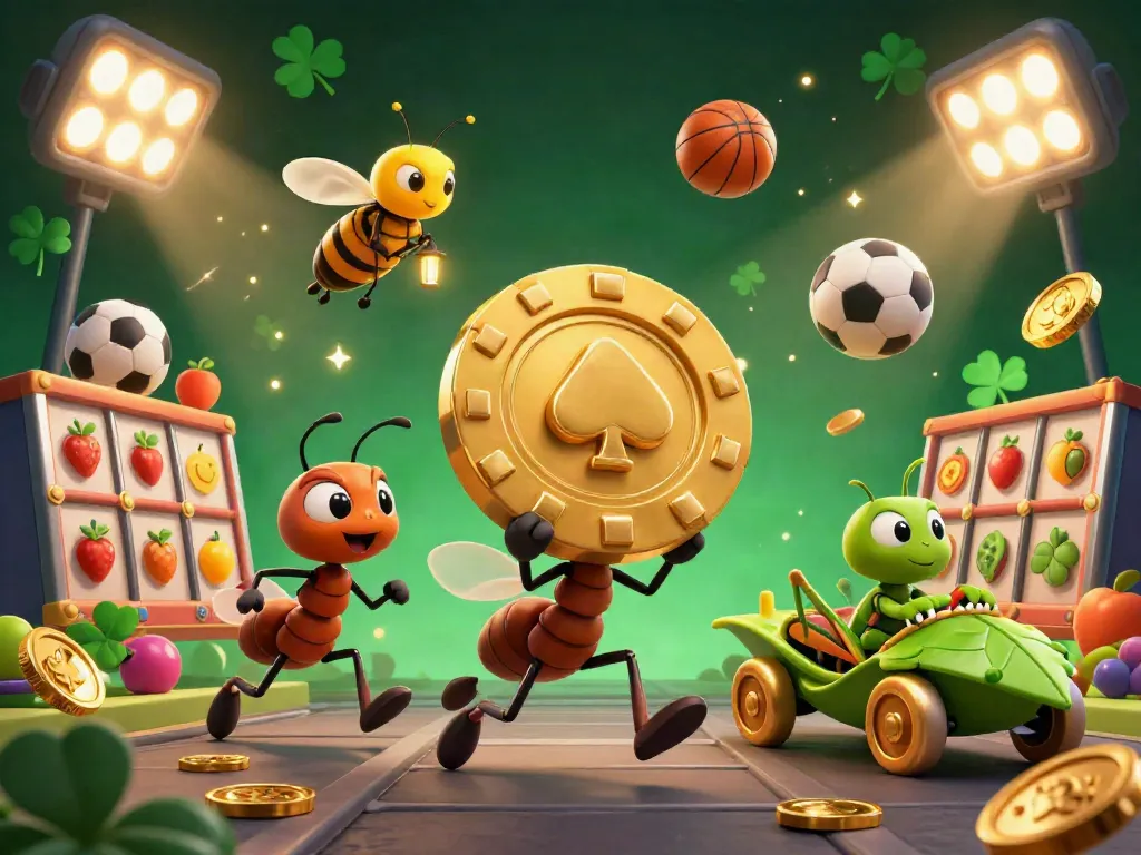 Hitclub3's team of cartoon ants on a heist for a giant chip amid sparkling casino elements.