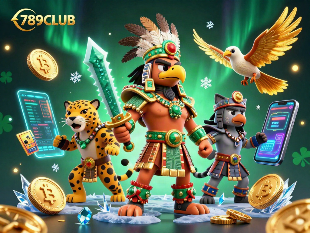 Play exciting games at 789CLUB, enjoy vibrant 3D illustrations blending Aztec warriors and modern crypto elements.