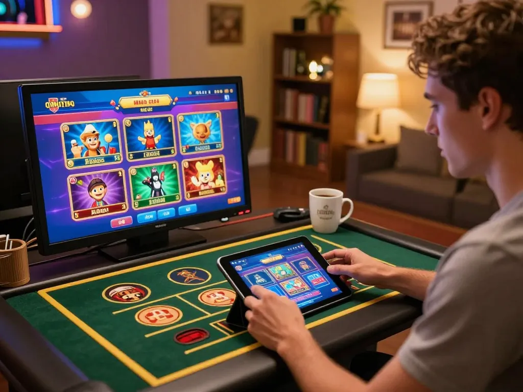 Engaged player betting on nn88 online casino using a tablet, showcasing modern mobile gaming ambiance.