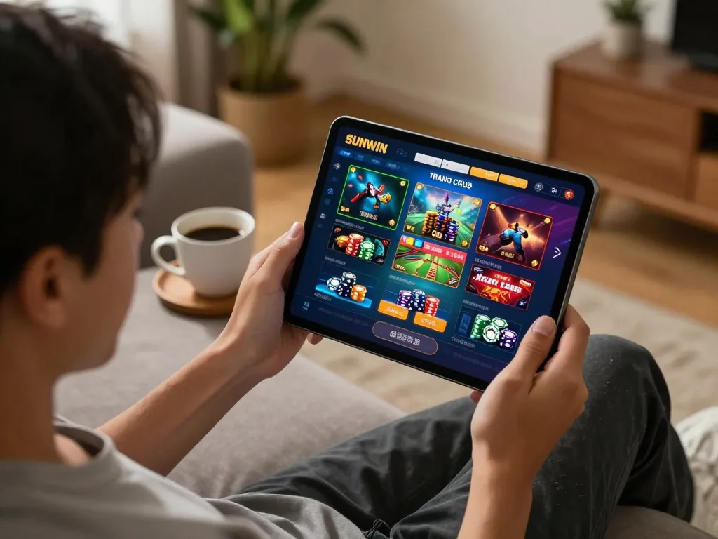 Person engaging with SUNWIN TRANG CHỦ on a tablet, showcasing a vibrant live casino game setup in a cozy home setting.